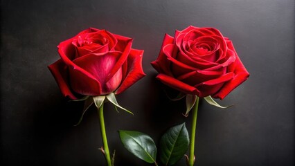 Fototapeta premium Two vibrant red roses placed side by side against a dark black background, roses, red, flowers, black, background, romantic, love