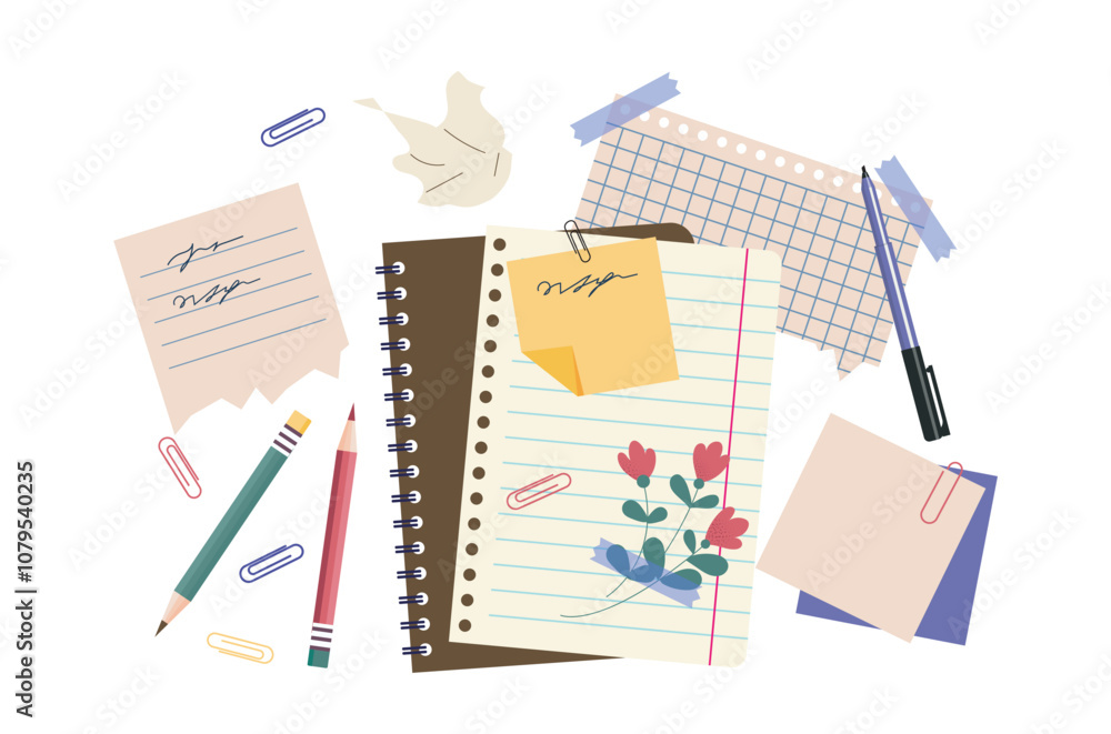 Poster paper notebooks set. blank paper sheets and notepad with pen and pencil. school and office supplies.