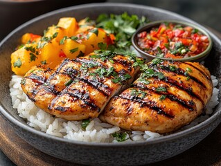 Vibrant Thai Chicken Rice Bowl, featuring grilled chicken, aromatic herbs, and a colorful medley of flavors, perfect for culinary enthusiasts.