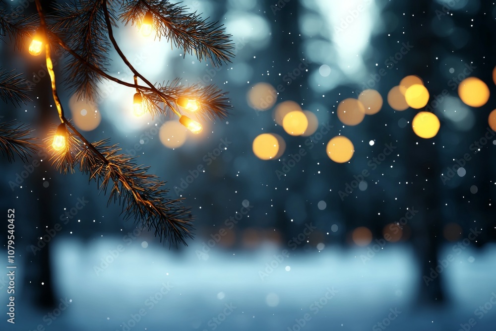 Aufkleber a tree branch with lights on it in the snow