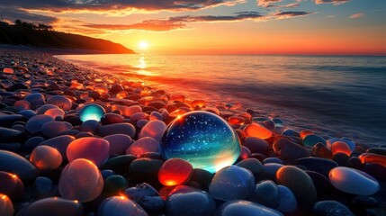 Fototapeta premium Glimmering Shore: A Crystal Sunset Beachscape