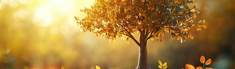 A vibrant tree with golden leaves, surrounded by lush greenery in soft sunlight.