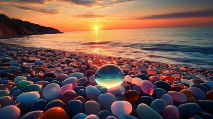 Obraz premium Glimmering Shore: A Crystal Sunset Beachscape