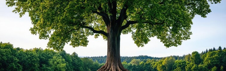 Fototapeta premium Large tree with prominent roots in a lush green field.