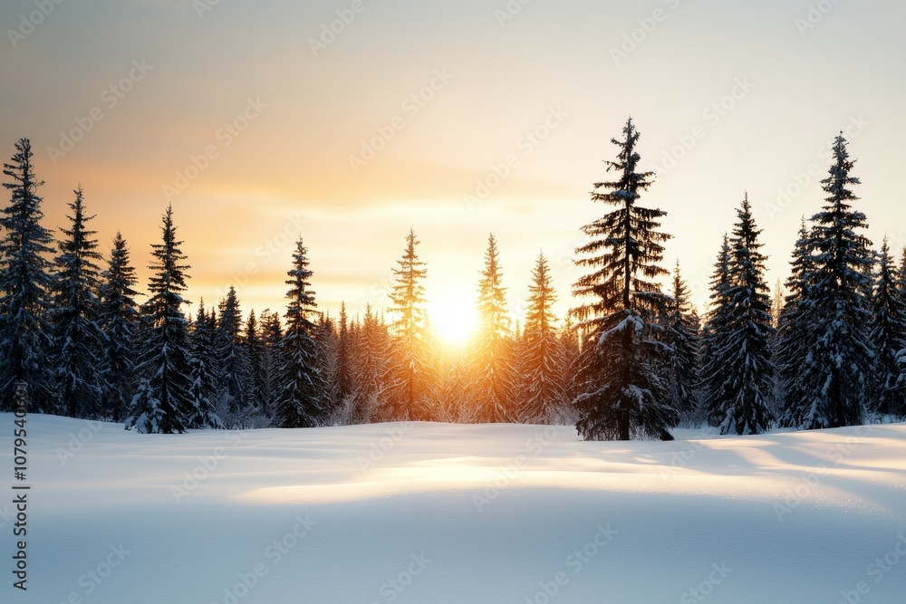 Poster a snowy field with trees in the background and a sun setting in the sky