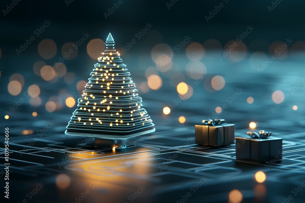 Poster a christmas tree is lit up with lights and is surrounded by two boxes
