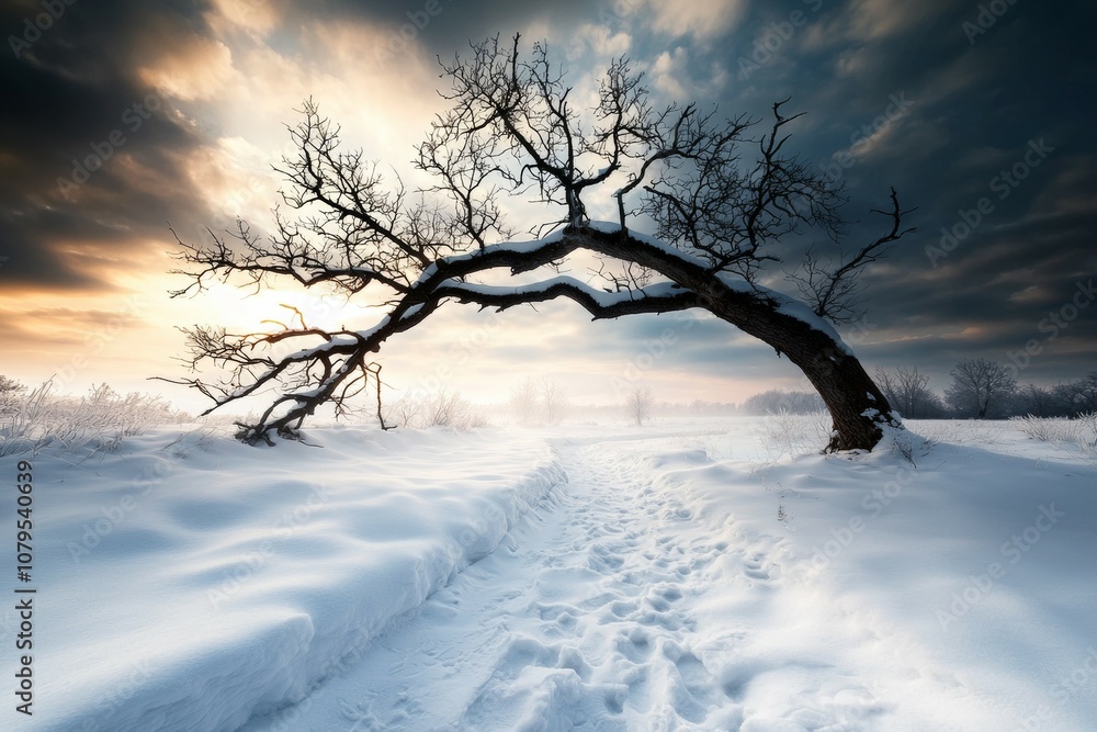 Poster a tree with a snow covered trunk is in the middle of a snowy field