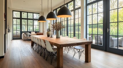 Spacious dining room with a long wooden table, chic pendant lighting, and modern chairs, copy space