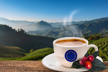 A white ceramic cup of black coffee with coffee cherry and mountain farming background. Concept for EU Deforestation or EUDR ,regulation environmental policy and drinking coffee in European Union.