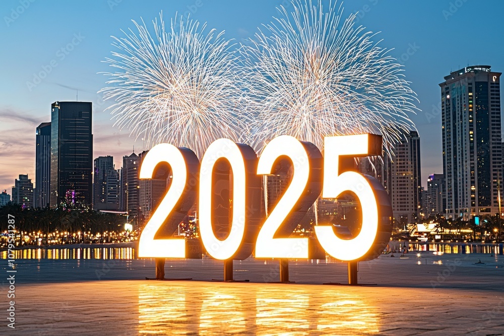 Poster a large sign with the number 2025 in large letters is lit up with fireworks