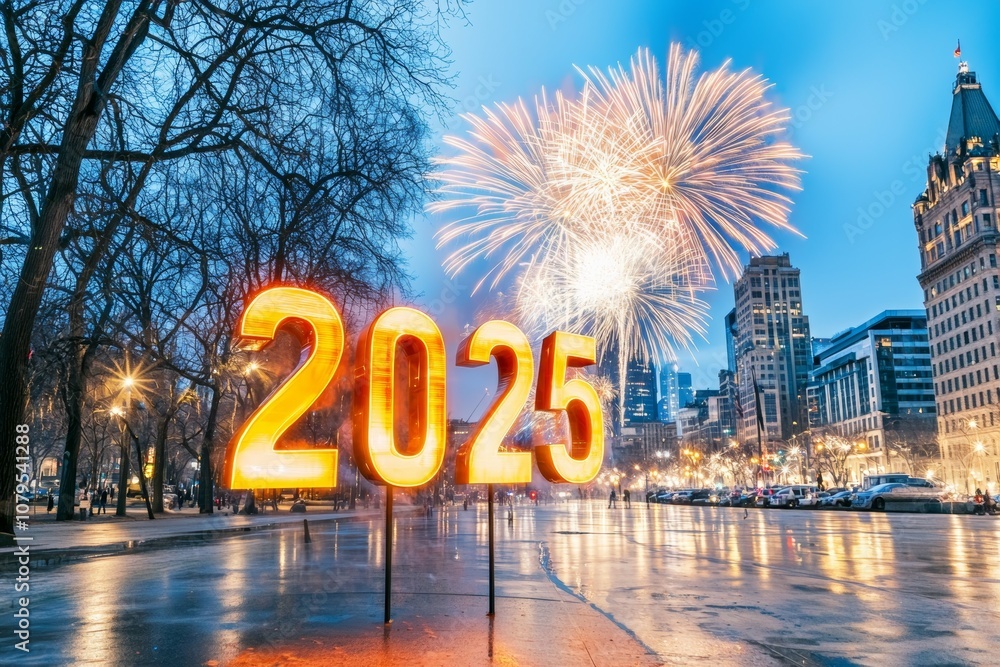 Poster a large sign with the number 2025 on it is lit up with fireworks