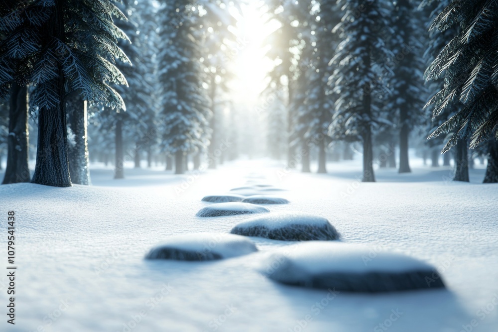 Poster a snowy forest with a path made of rocks