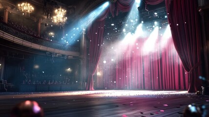Elegant theater stage with dramatic lighting and rich red curtains.