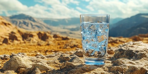 Glass of water is sitting on a rocky surface in the desert. The glass is half full and the water is clear and cold. Concept of solitude and tranquility