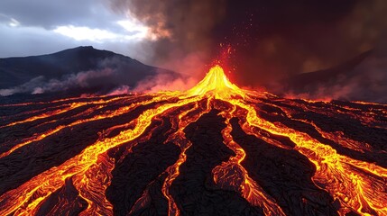 Fototapeta premium Lava flowing from an erupting volcano under dramatic skies.