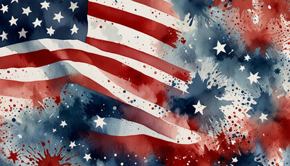 Patriotic-themed watercolor flag artwork featuring red, white, and blue hues blended together with scattered stars, textured background for festive, celebratory and national events or holidays. 