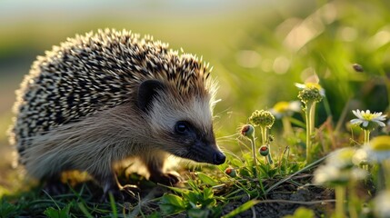 Fototapeta premium Hedgehog is eating some flowers in a field. The flowers are yellow and the hedgehog is brown