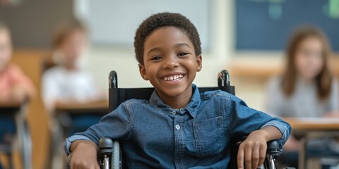 Young boy in a wheelchair is smiling and sitting in a classroom. The other children in the room are looking at him