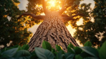 Tree trunk view with sunlight filtering through leaves, nature's beauty.