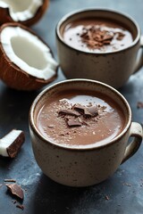Two cups of hot chocolate with chocolate shavings on top. One cup has a piece of coconut on the side