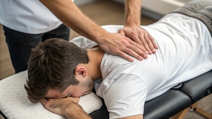 Osteopath working on a man's upper back in a Osteopathy  chiropractic physio clinic