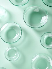 Collection of clear glass bowls arranged in a pattern on a green background. The bowls are of various sizes and shapes, creating a visually interesting and dynamic composition