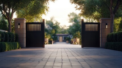 Fototapeta premium Modern Black Gate Entrance with Stone Pillars and Lush Greenery in a Luxurious Garden.