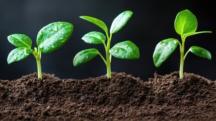 Fototapeta premium Three small green plants growing in soil with water droplets.