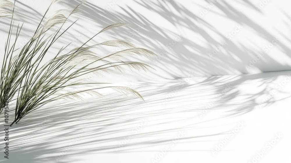 Poster abstract minimalist white background with grass shadow and copy space.