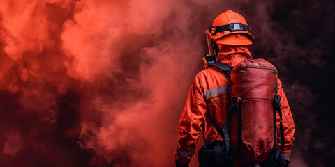 Fototapeta premium Firefighter in safety gear amidst thick smoky background, wearing helmet and carrying equipment, emergency response concept