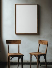 Two wooden chairs are sitting in front of a white framed picture. The chairs are empty and the picture is blank. The room has a simple and minimalistic design, with a gray wall and a window
