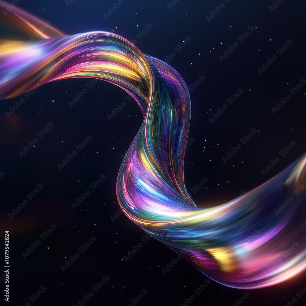 Poster abstract colorful swirling light streaks on dark background with glowing particles.