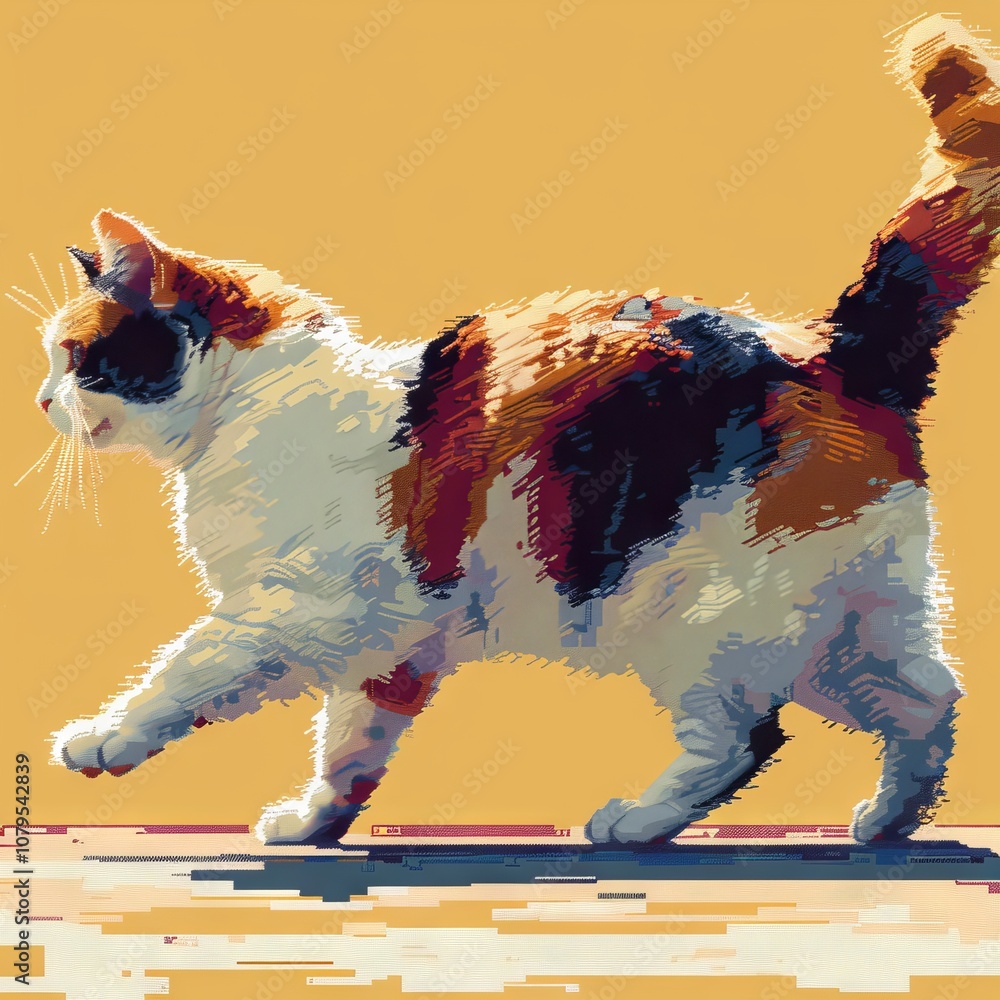 Poster stylized digital artwork of a calico cat walking with a playful pixel effect on a soft vibrant backg