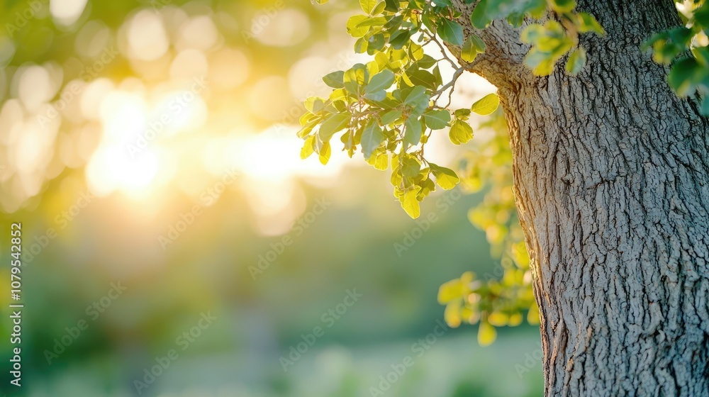 Poster sunlight filtering through leaves on a tree trunk in a serene natural setting.