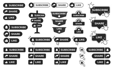 Subscribe, Share and Like Buttons Vector Set Illustration for Social Media