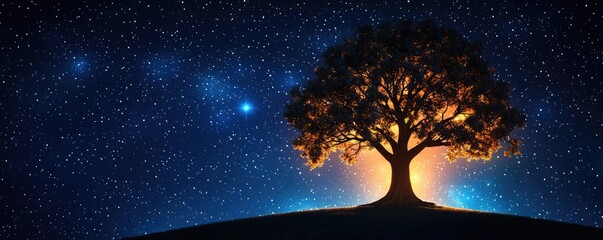 Tree silhouette under a starry sky with glowing stars and cosmic background.