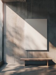 White wall with a white poster and a wooden bench in front of it. The bench is empty and the poster is blank. The room is dimly lit and the sunlight is shining on the poster and the bench