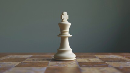White chess piece is on a wooden board. The piece is a king. The board is a checkered pattern