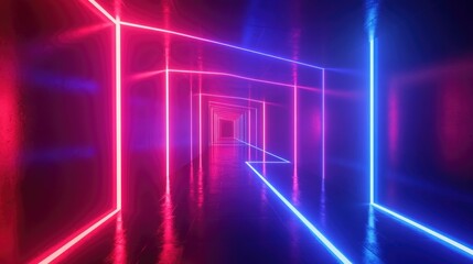 Long, narrow hallway with neon lights in red and blue. The lights are arranged in a way that creates a sense of depth and movement. The hallway appears to be part of a futuristic or sci-fi setting