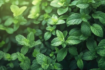 Bunch of green mint leaves are growing in a garden. The leaves are fresh and vibrant, and they are arranged in a way that creates a sense of abundance and growth