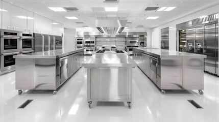 Spacious modern commercial kitchen interior with stainless steel appliances and bright clean design, professional cooking concept