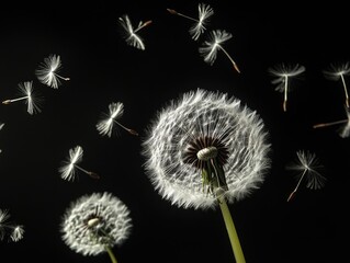 Obraz premium Close up of a dandelion with a few of its seeds floating in the air. Concept of freedom and the fleeting nature of life