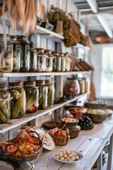 Obraz premium Preserved vegetables and condiments in rustic pantry setting on wooden shelves for culinary inspiration concept