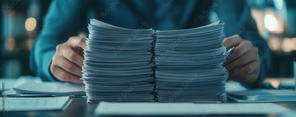 Poster organizing documents and reports office setting business environment indoor workspace close-up view 
