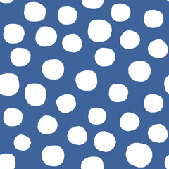 All over seamless repeat pattern with hand drawn irregular white polka dot tossed on deep dark navy blue. Universal trendy modern background with tossed dots for Christmas, coastal, swim, kids and
