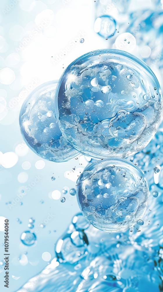 Poster floating translucent bubbles in clear blue liquid, reflecting light, creating mesmerizing patterns, 