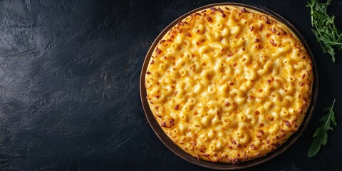 Pizza with macaroni and cheese on top. The pizza is on a brown plate. The plate is on a black table