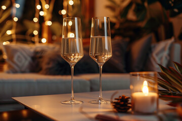 Two Glasses of Champagne to Celebrate New Year 2025 in a Festive Setting with Christmas Decorations for Couples
