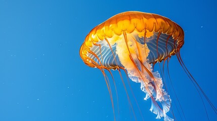 Graceful orange jellyfish with translucent tentacles floating in bright blue ocean sunlight, marine life beauty concept