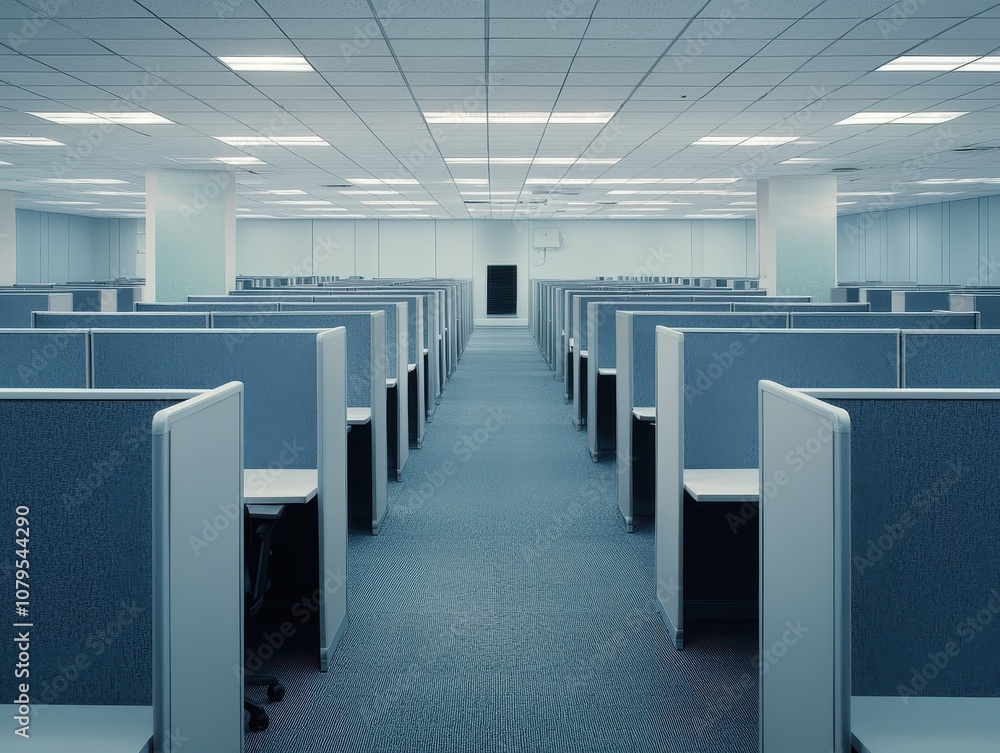 Poster office work environment corporate setting empty cubicles modern design wide view productivity concep